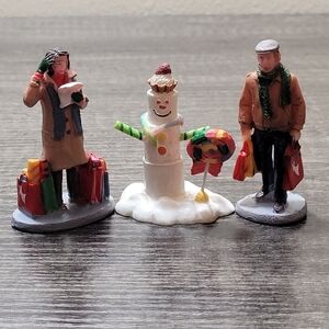 Christmas Village Mom & Dad Shopping Presents Gifts + Snowman Lemax Figurines